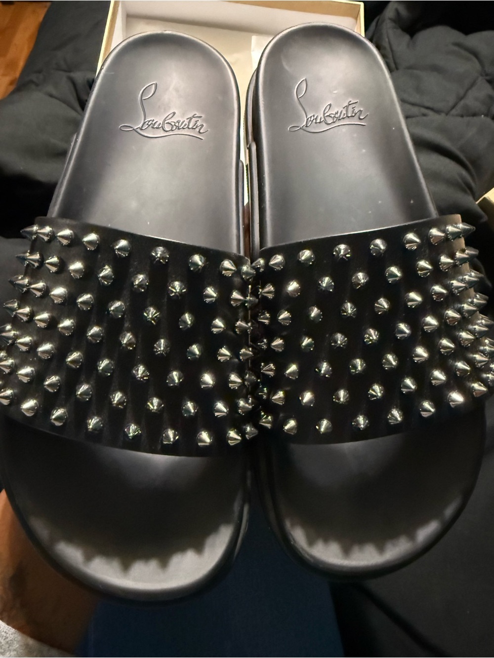 Christian Louboutin Black/Gun Pool Fun Flat Calf Slides